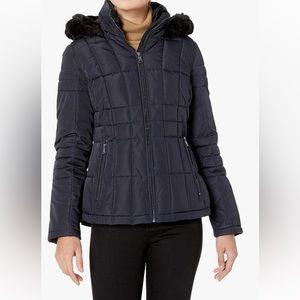 Women's Quilted Navy Down Jacket with Removable Faux Fur Trimmed Hood size L